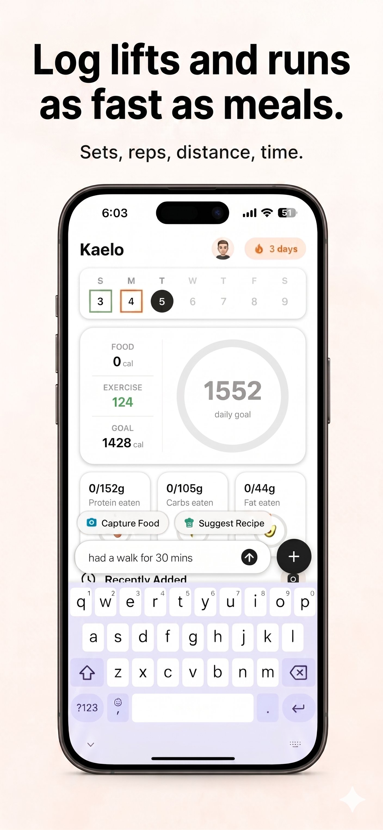 Kaelo exercise logging with calories burned and duration