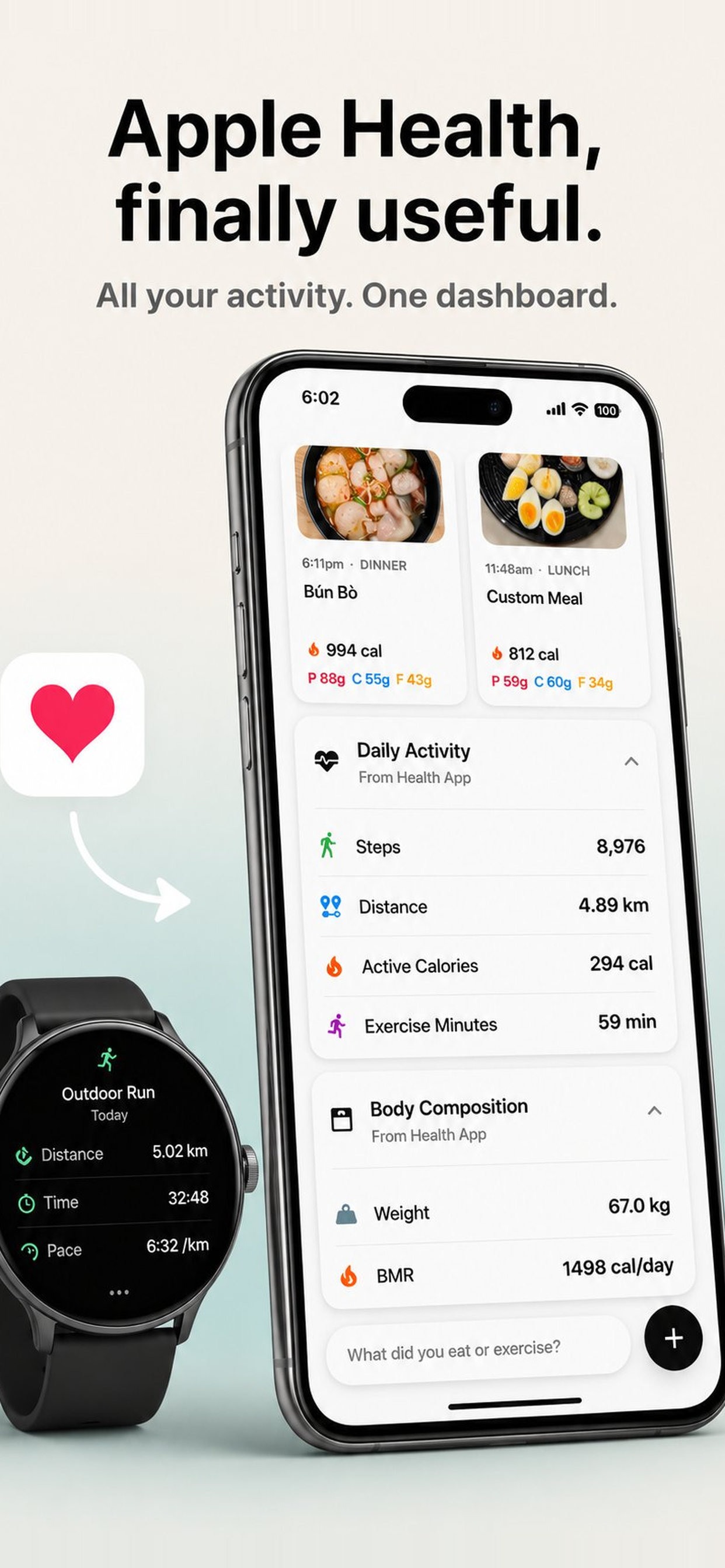 Kaelo Health screen pulling steps, distance and active calories from Apple Health