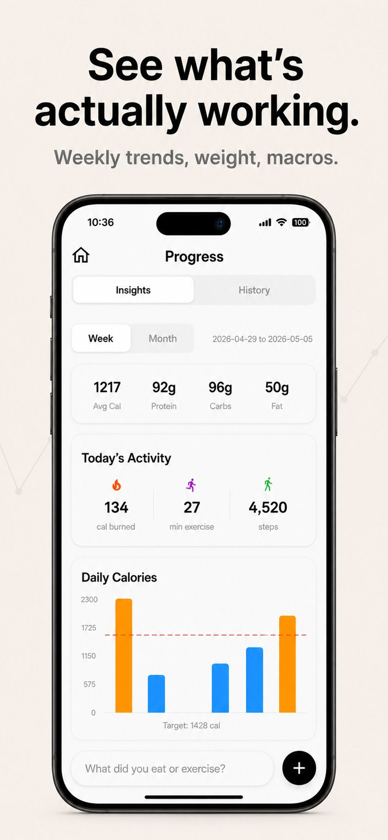 Kaelo progress screen with logging streak and weekly trend