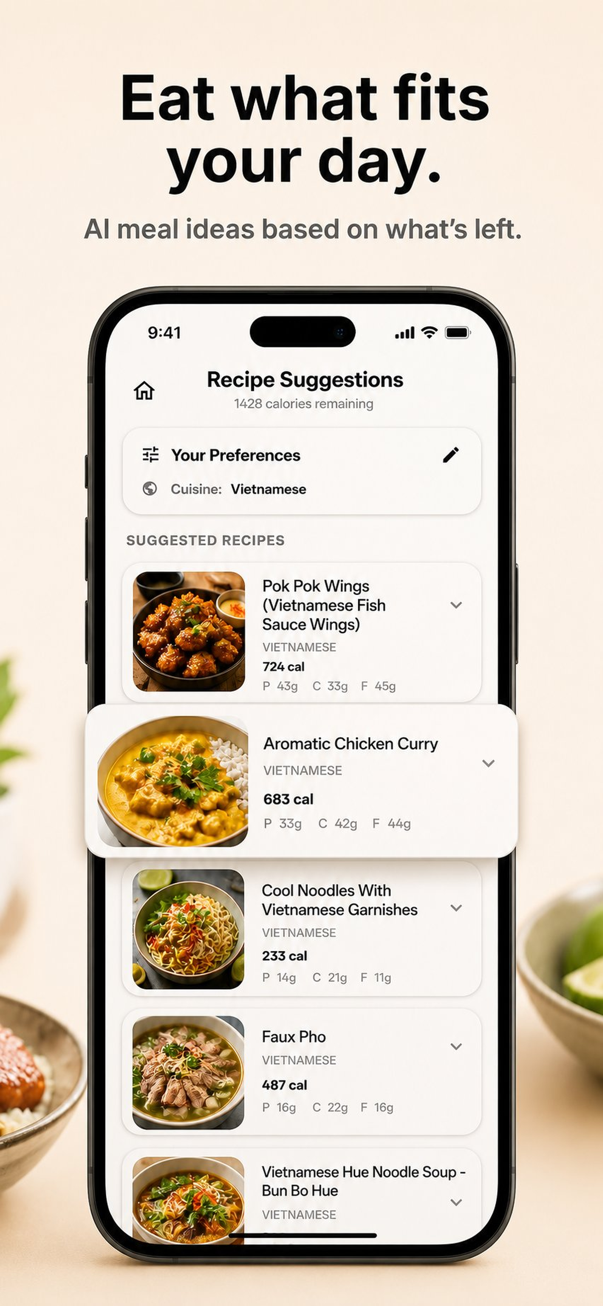 Kaelo Recipes screen — Suggestions that fit your macros